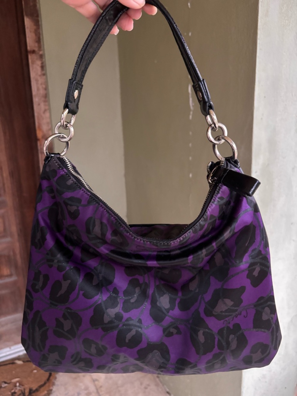 Coach Purple and Black Poppy Daisy Ocelot Print Shoulder Bag - Picture 2 of 5